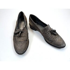 Stuart Weitzman Guy Thing Metallic Tassel Loafers Women 10.5 M  Almond Toe‎